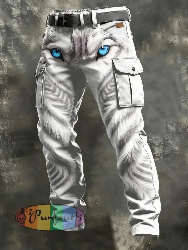 Men’s Retro Vacation Business Wolf Art Print Casual Workwear Trousers