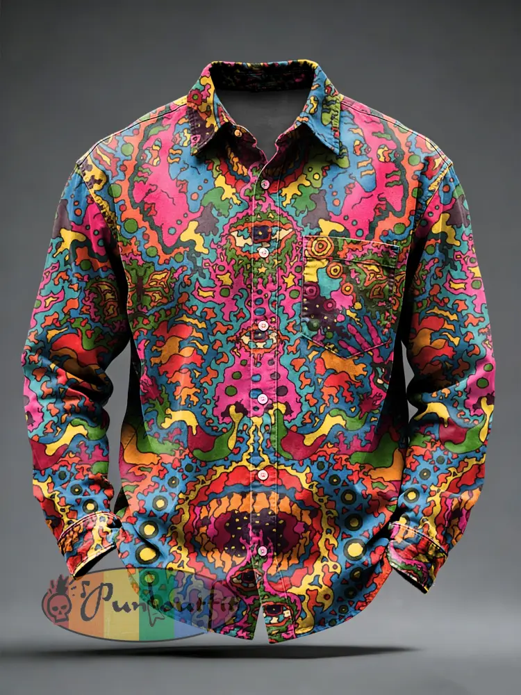 Men’s Retro Punk Psychedelic Printed Long Sleeved Pocket Shirt
