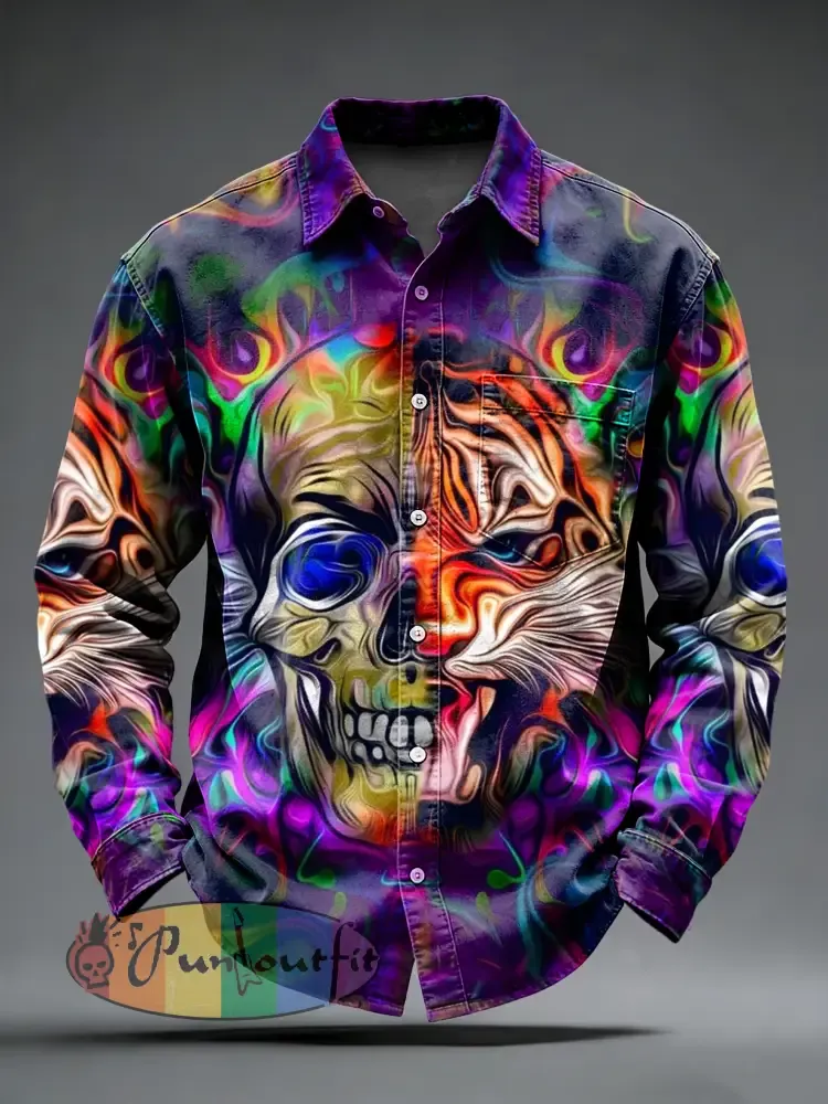 Men’s Retro Punk Psychedelic Skull Printed Long Sleeved Pocket Shirt