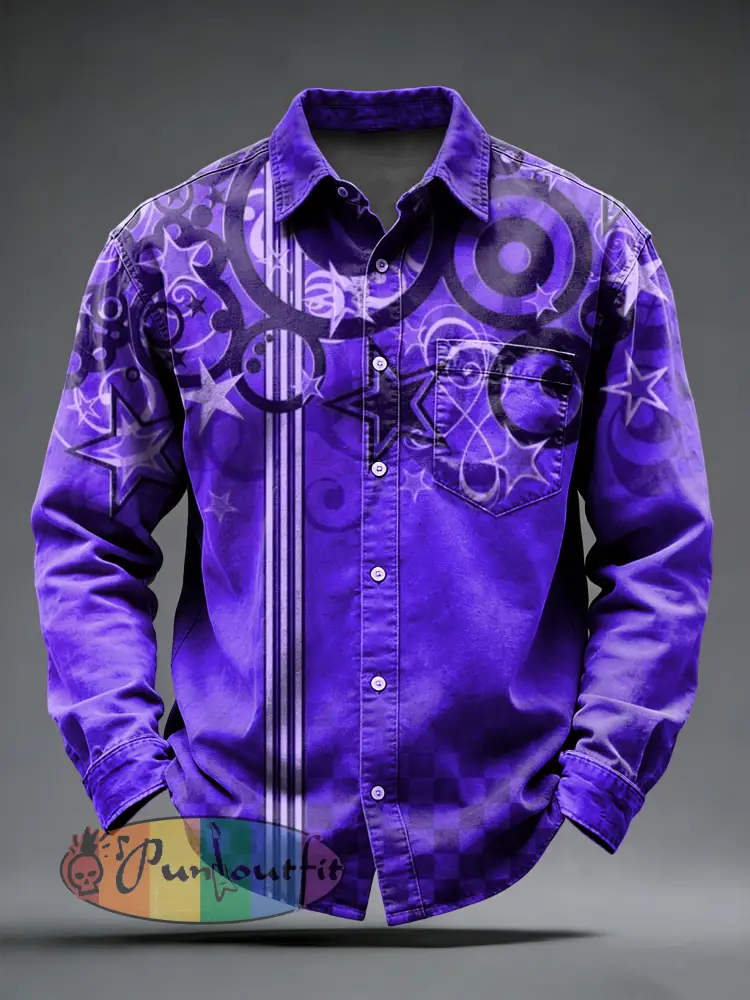 Men’s Retro Punk Music Printed Long Sleeved Pocket Shirt