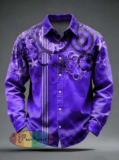Men’s Retro Punk Music Printed Long Sleeved Pocket Shirt