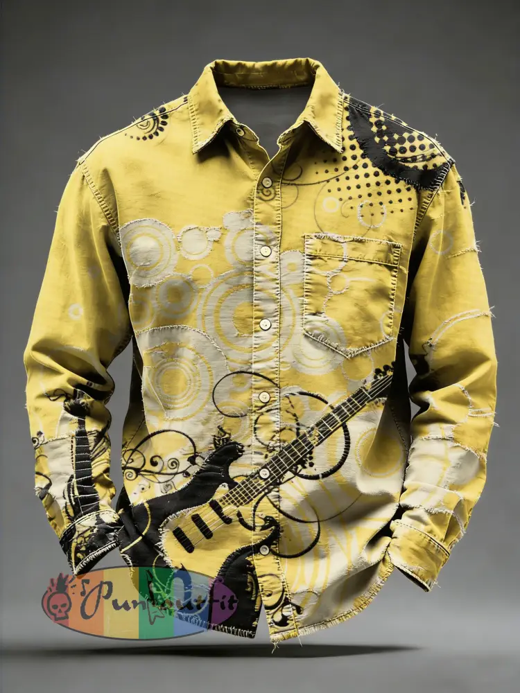 Men’s Retro Punk Music Printed Long Sleeved Pocket Shirt