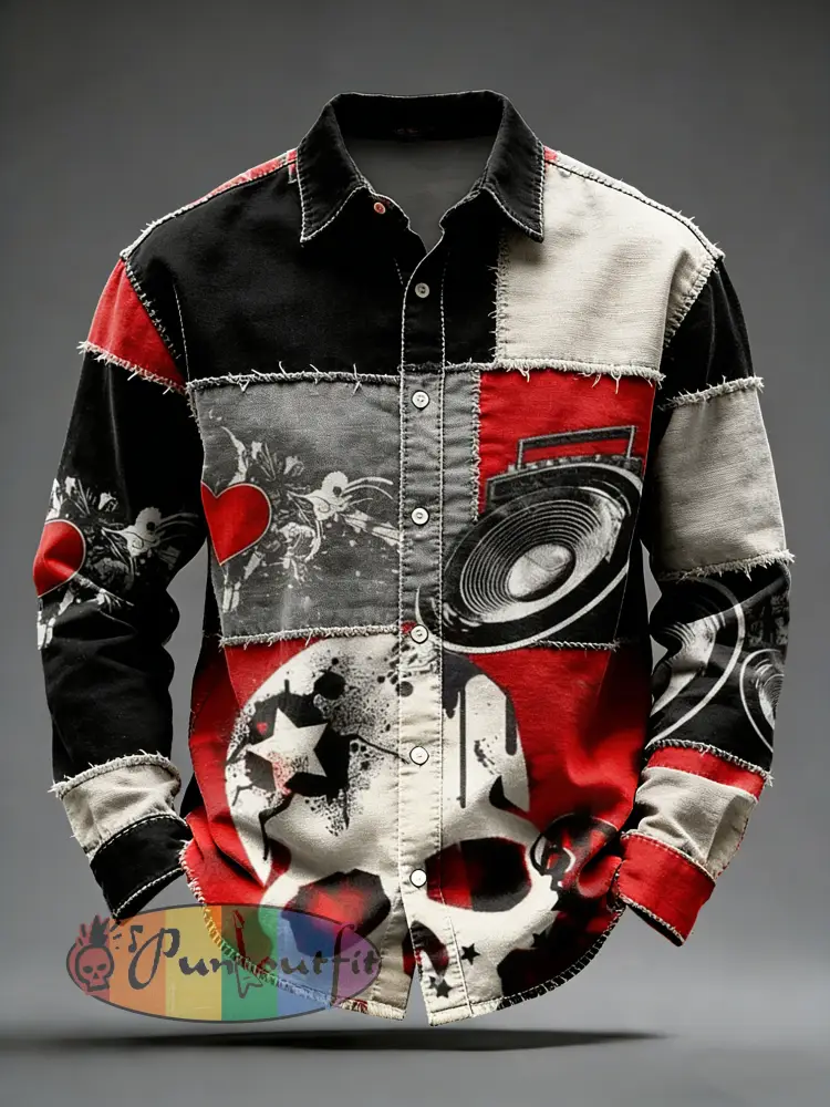 Men’s Retro Punk Music Printed Long Sleeved Pocket Shirt