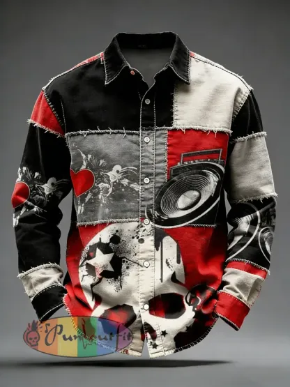 Men’s Retro Punk Music Printed Long Sleeved Pocket Shirt