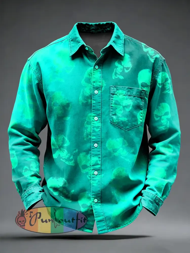 Men’s Retro Punk Psychedelic Skull Printed Long Sleeved Pocket Shirt