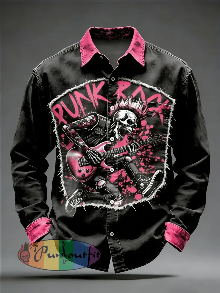 Men’s Retro Punk Music Skull Printed Long Sleeved Pocket Shirt