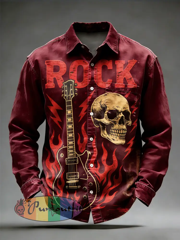 Men’s Retro Punk Music Skull Printed Long Sleeved Pocket Shirt