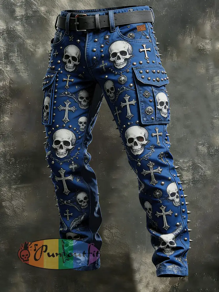 Men’s Retro Vacation Business Punk Skull Art Print Casual Workwear Trousers