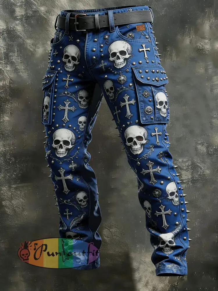 Men’s Retro Vacation Business Punk Skull Art Print Casual Workwear Trousers