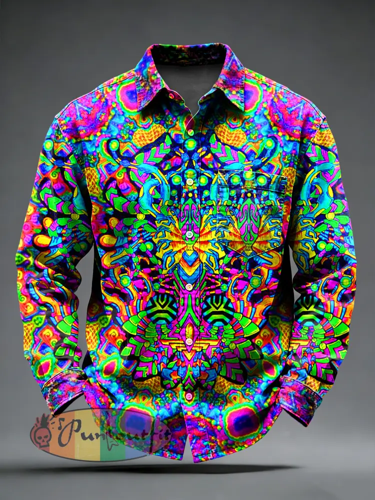 Men’s Retro Psychedelic Punk Printed Long Sleeved Pocket Shirt