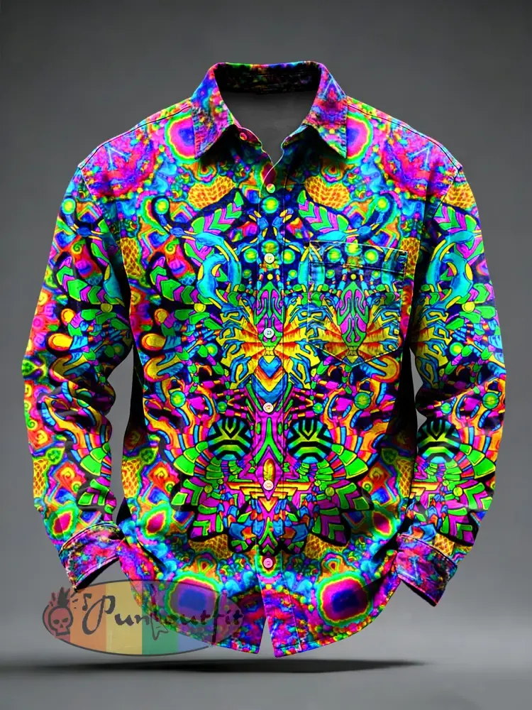 Men’s Retro Psychedelic Punk Printed Long Sleeved Pocket Shirt