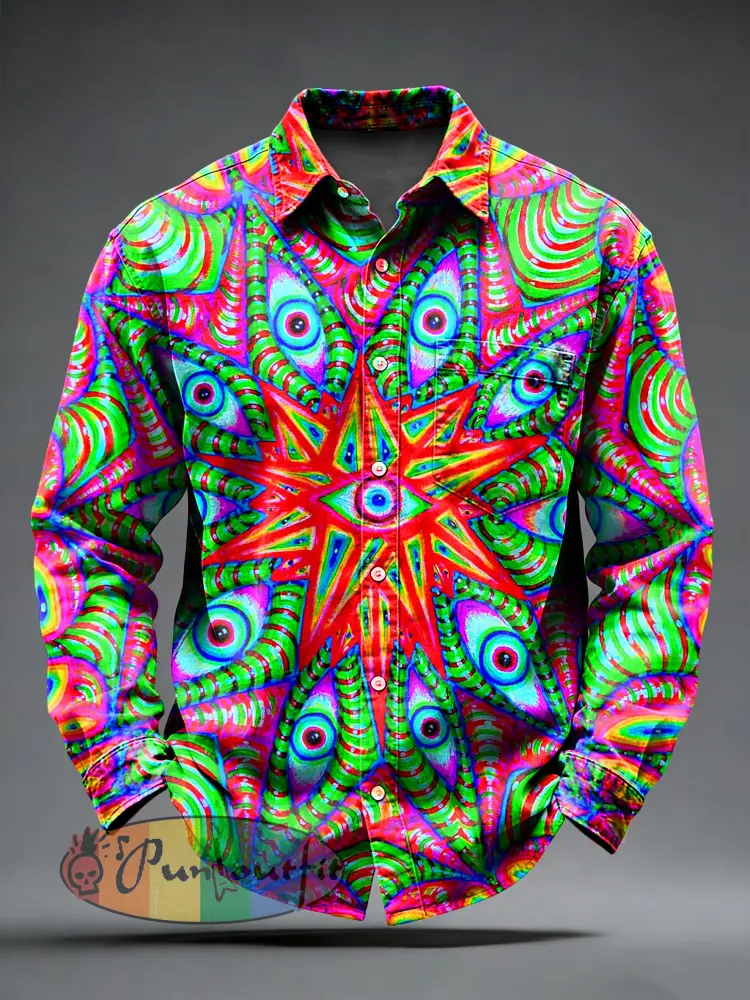 Men’s Retro Psychedelic Punk Printed Long Sleeved Pocket Shirt
