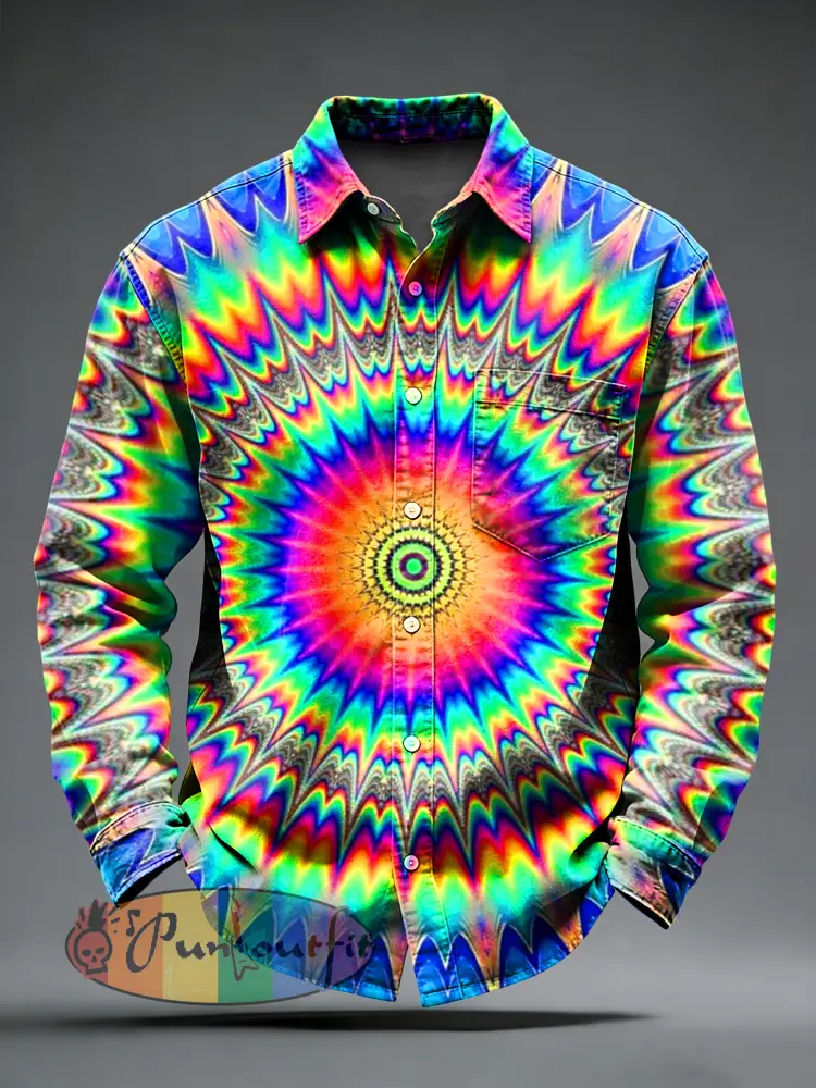 Men’s Retro Psychedelic Punk Printed Long Sleeved Pocket Shirt