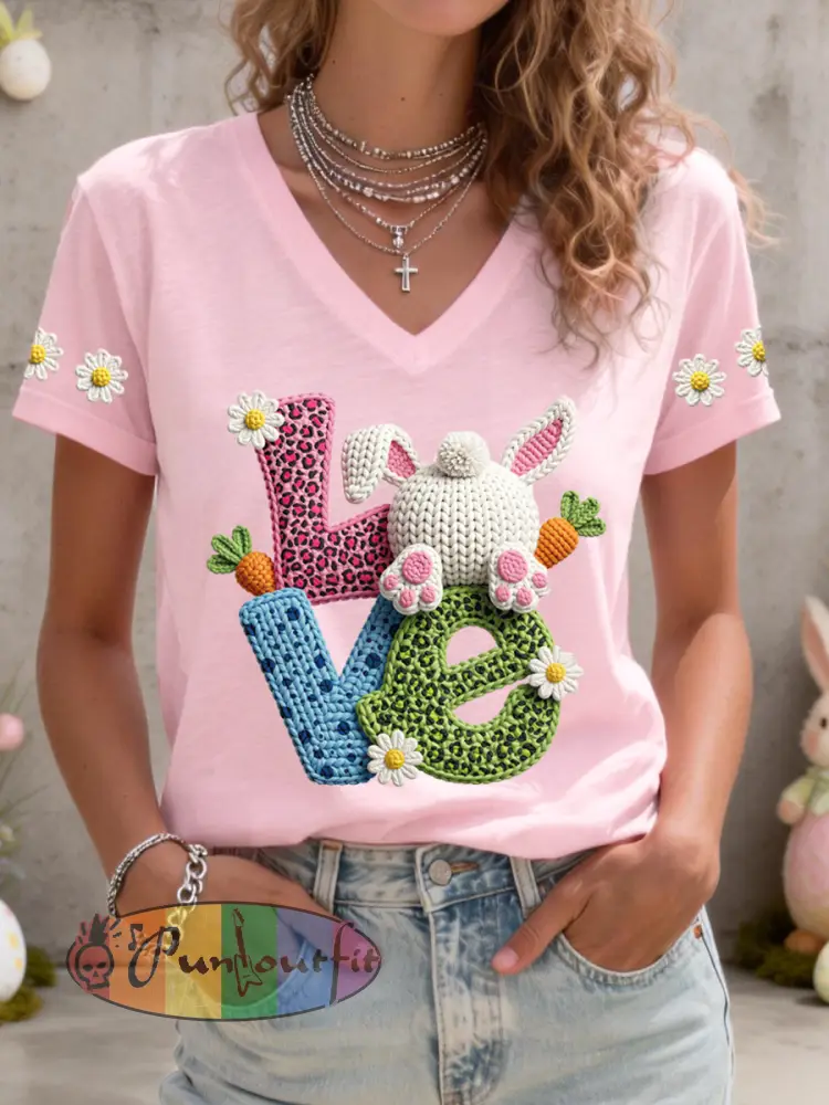 Women’s Cute Bunny Pattern V-Neck T-Shirt