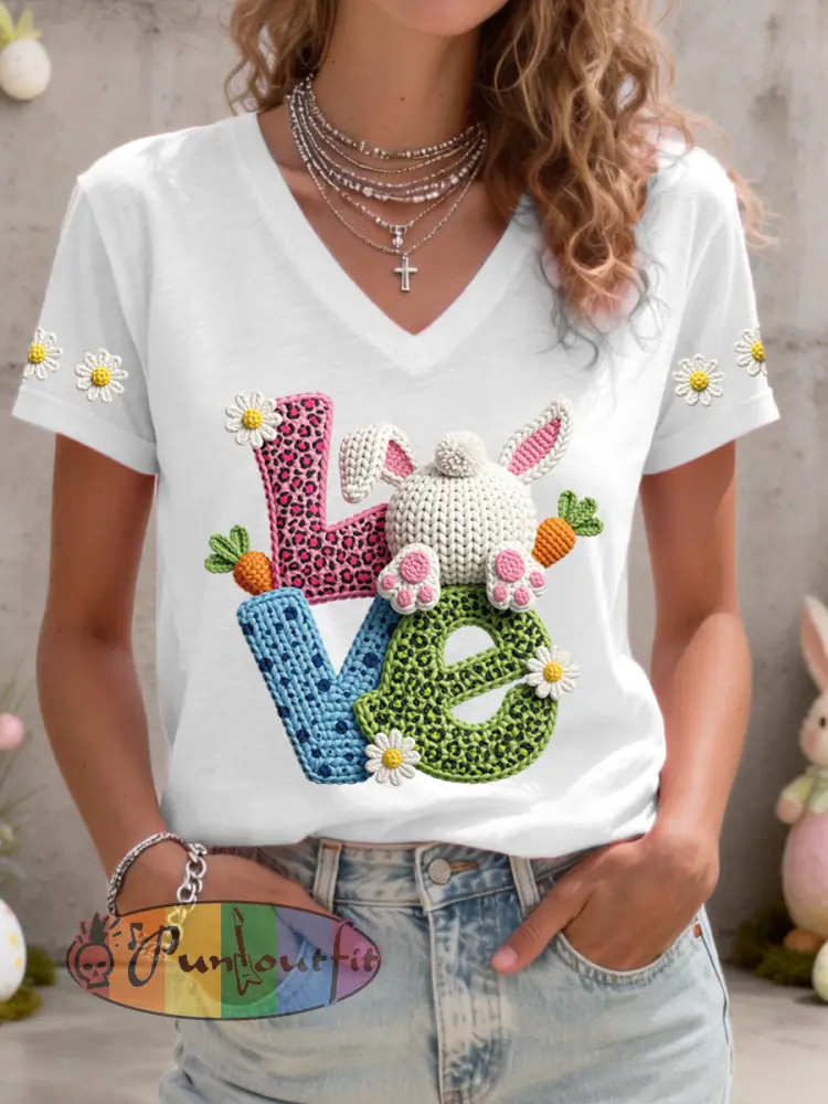 Women’s Cute Bunny Pattern V-Neck T-Shirt