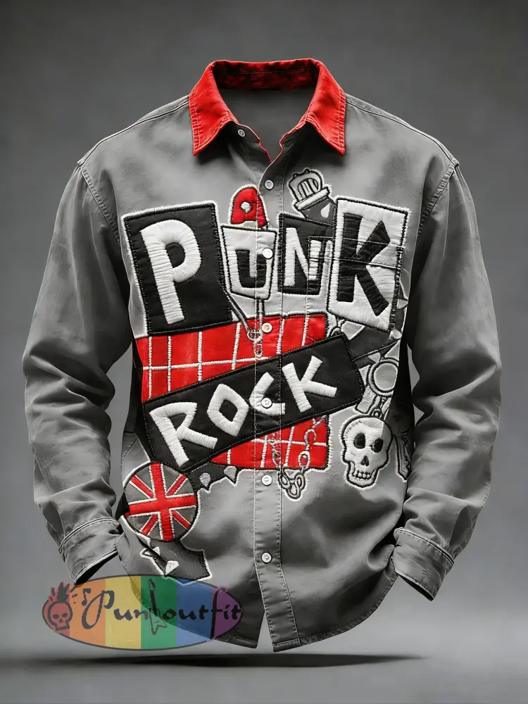 Men’s Retro Punk Skull Printed Long Sleeved Pocket Shirt