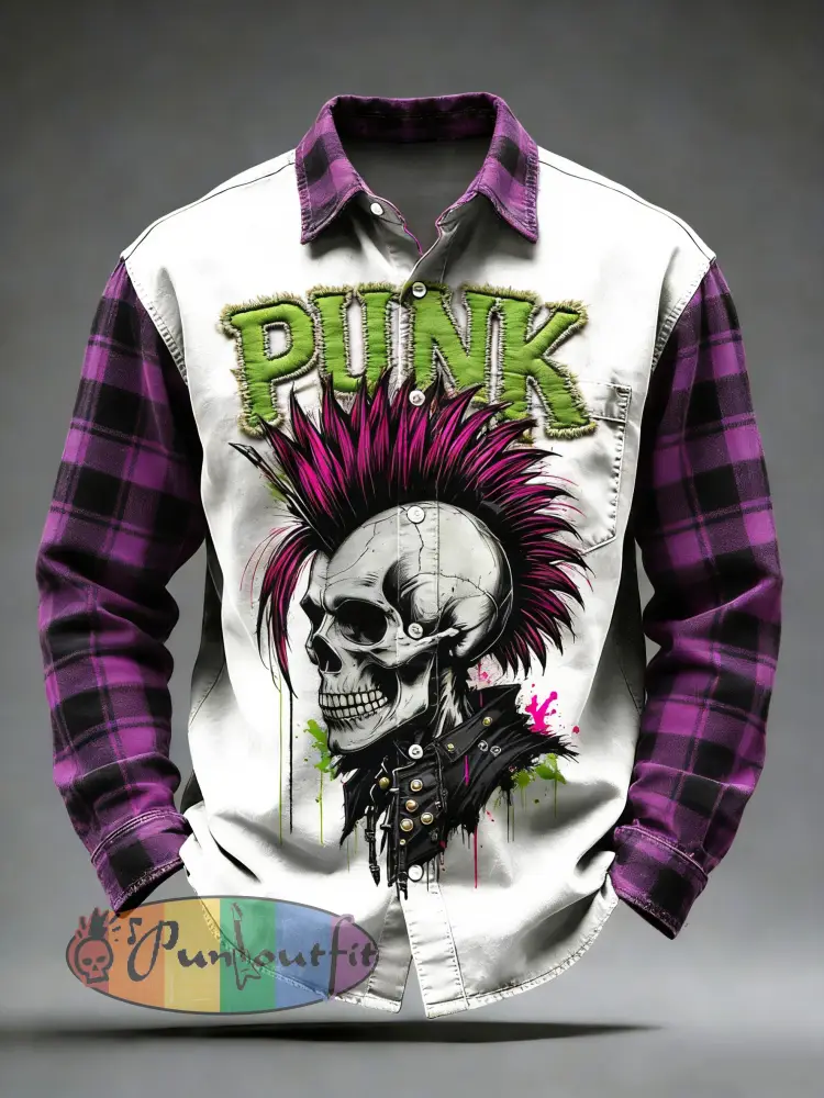 Men’s Retro Punk Skull Printed Long Sleeved Pocket Shirt