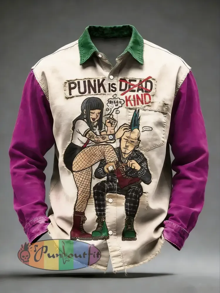 Men’s Retro Punk Printed Long Sleeved Pocket Shirt