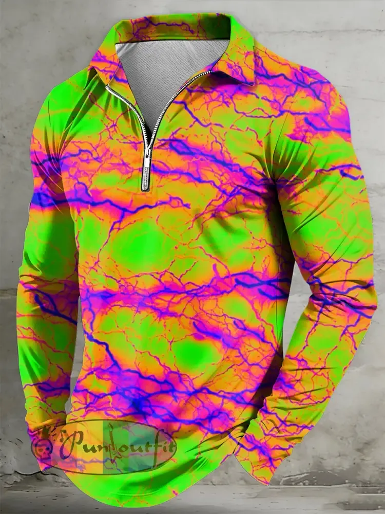 Men’s Psychedelic Printed Half Zipper Lapel Long Sleeved Polo