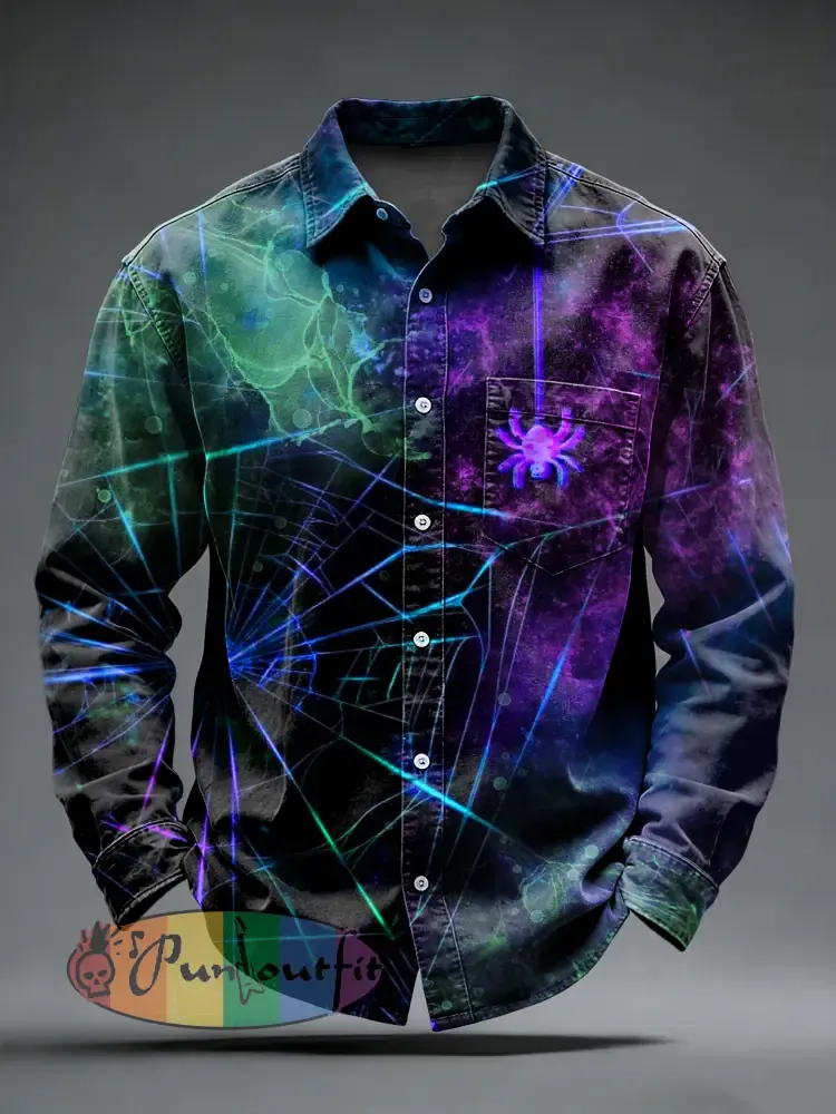 Men’s Retro Punk Psychedelic Spider Web Printed Long Sleeved Pocket Shirt