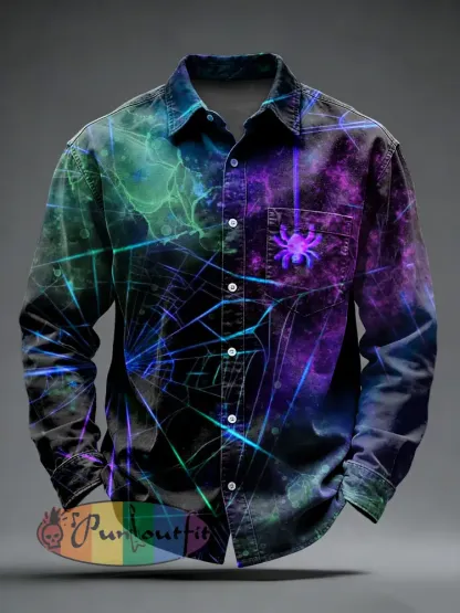 Men’s Retro Punk Psychedelic Spider Web Printed Long Sleeved Pocket Shirt