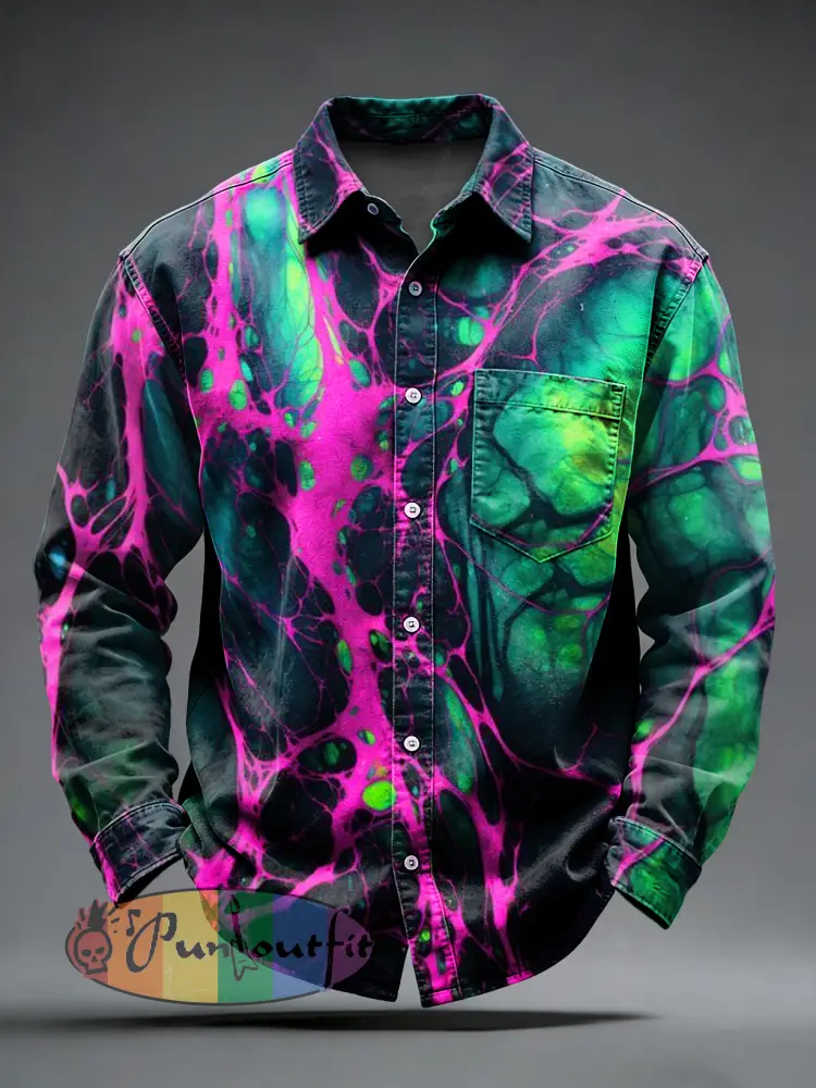 Men’s Retro Punk Psychedelic Printed Long Sleeved Pocket Shirt