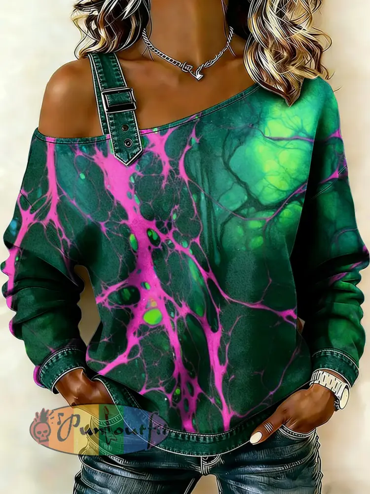 Women’s Psychedelic Printed One Shoulder Suspender Casual Sweater