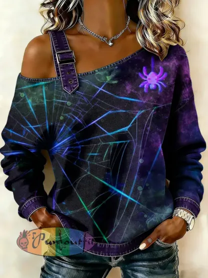 Women’s Psychedelic Spider Web Printed One Shoulder Suspender Casual Sweater