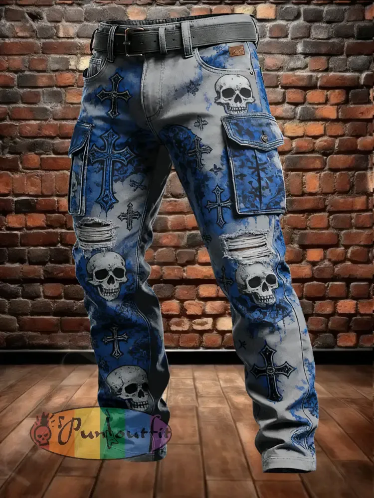 Men’s Retro Vacation Business Skull Art Print Casual Workwear Trousers