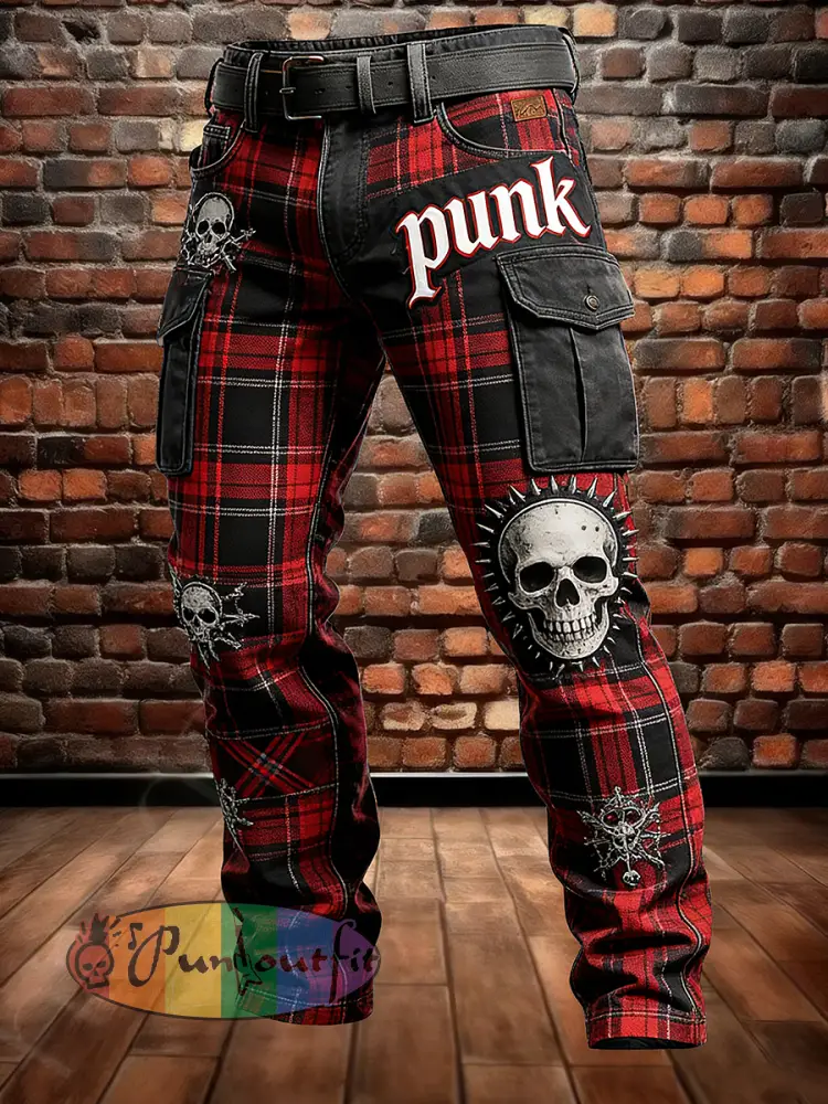 Men’s Retro Vacation Business Punk Skull Art Print Casual Workwear Trousers