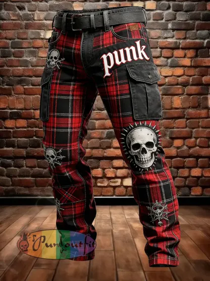 Men’s Retro Vacation Business Punk Skull Art Print Casual Workwear Trousers