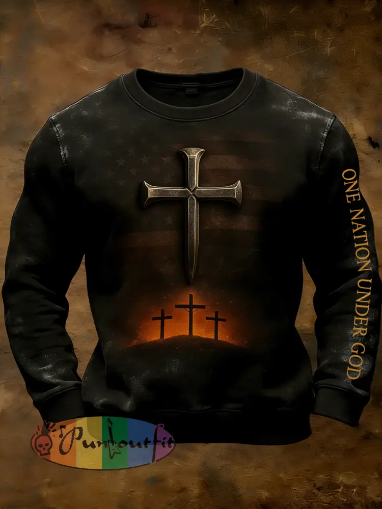 Men’s Retro One Nation Under God Cross Print Casual Sweatshirt