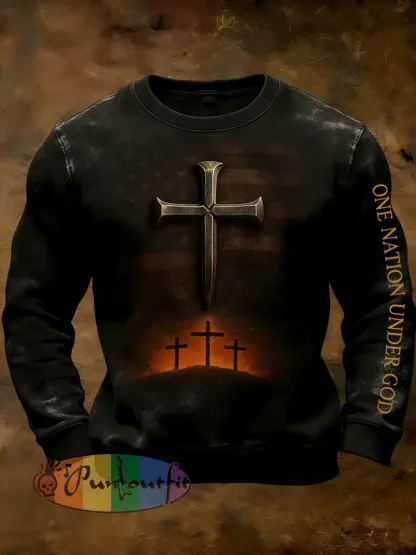 Men’s Retro One Nation Under God Cross Print Casual Sweatshirt