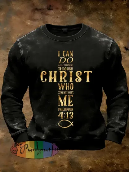 Men’s Retro I Can Do All Things Through Christ Print Casual Sweatshirt