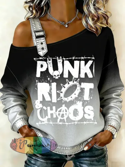 Women’s Punk Skull Printed One Shoulder Suspender Casual Sweater