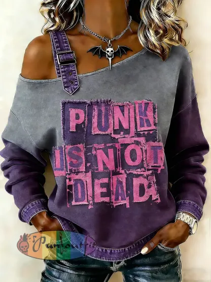 Women’s Punk Skull Printed One Shoulder Suspender Casual Sweater