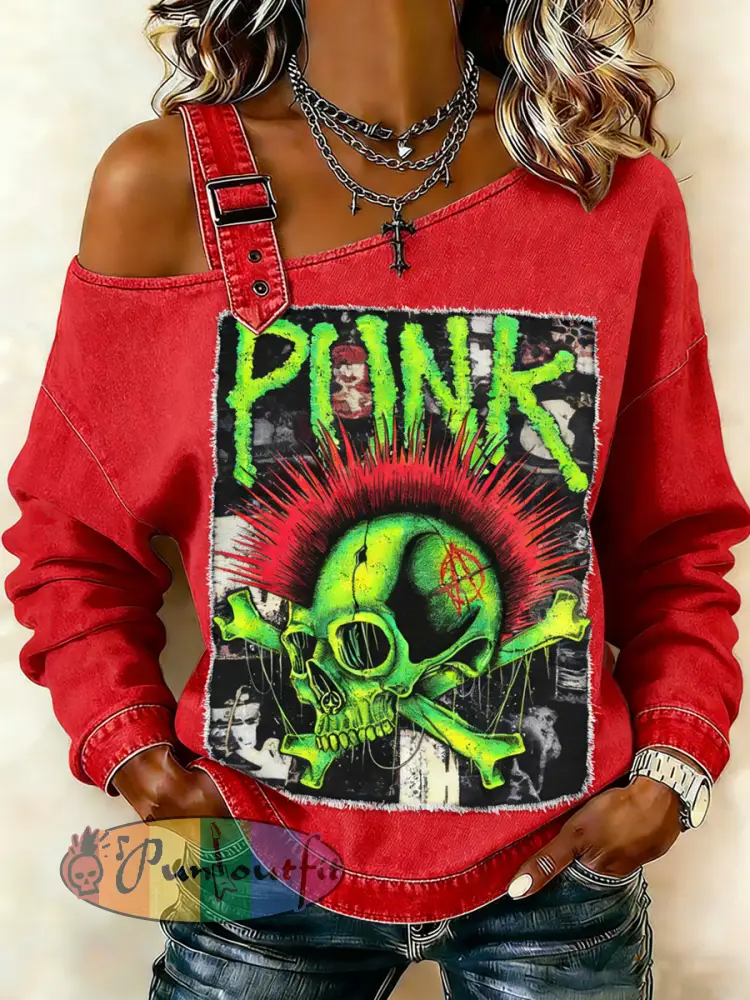 Women’s Punk Skull Printed One Shoulder Suspender Casual Sweater