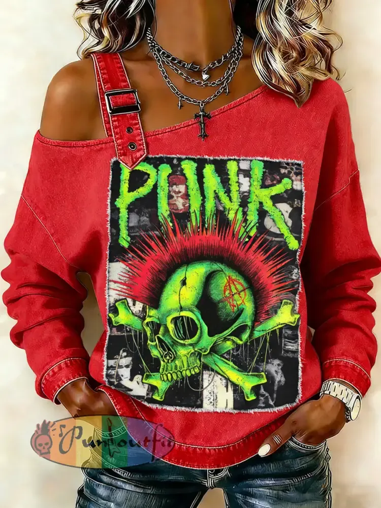 Women’s Punk Skull Printed One Shoulder Suspender Casual Sweater