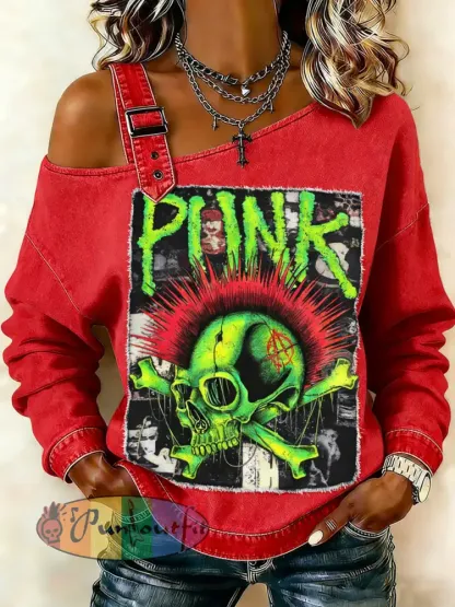 Women’s Punk Skull Printed One Shoulder Suspender Casual Sweater