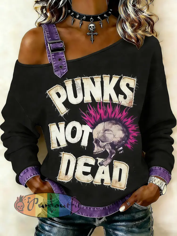 Women’s Punk Skull Printed One Shoulder Suspender Casual Sweater