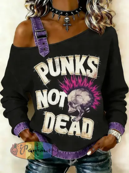 Women’s Punk Skull Printed One Shoulder Suspender Casual Sweater