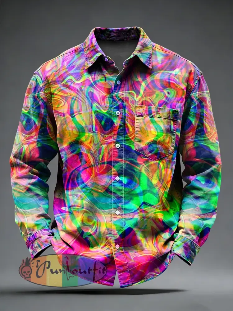 Men’s Retro Psychedelic Printed Long Sleeved Pocket Shirt