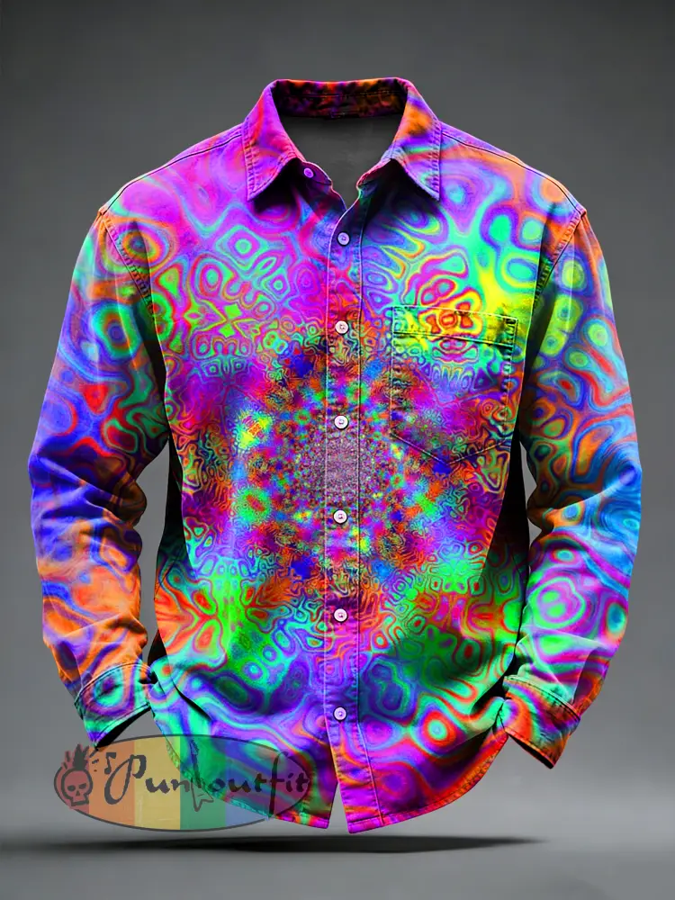 Men’s Retro Psychedelic Printed Long Sleeved Pocket Shirt