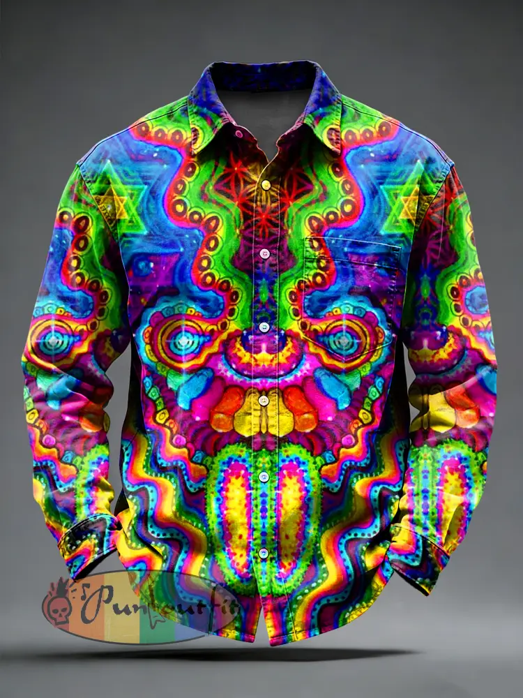 Men’s Retro Psychedelic Printed Long Sleeved Pocket Shirt