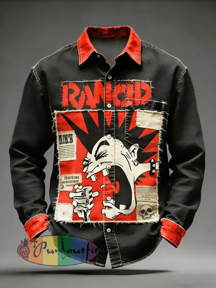 Men’s Retro Punk Skull Printed Long Sleeved Pocket Shirt