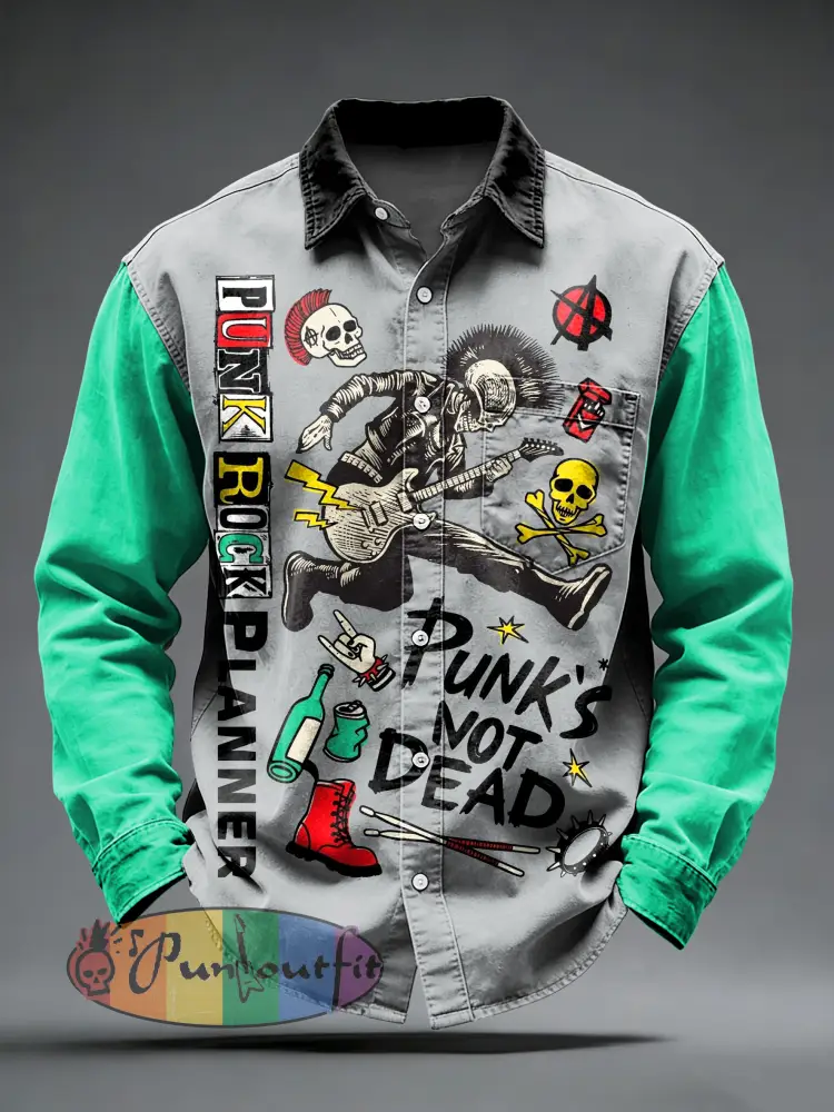 Men’s Retro Punk Skull Printed Long Sleeved Pocket Shirt