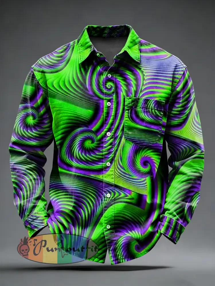 Men’s Retro Psychedelic Printed Long Sleeved Pocket Shirt
