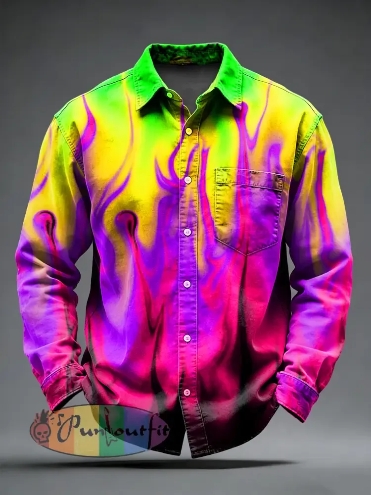 Men’s Retro Psychedelic Printed Long Sleeved Pocket Shirt