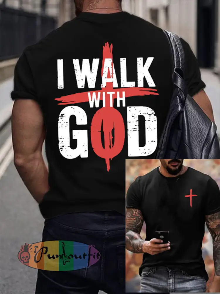 Men’s I Walk With God Faith Printed imitation cotton short-sleeved T-shirt