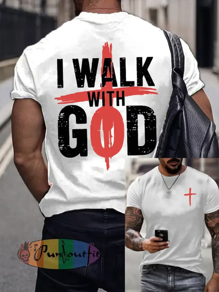 Men’s I Walk With God Faith Printed imitation cotton short-sleeved T-shirt